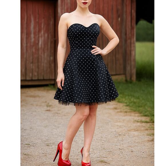 Jessica McClintock Gunne Sax Black Satin Strapless Polka Dot Party Dress 9/10 - Picture 1 of 8
